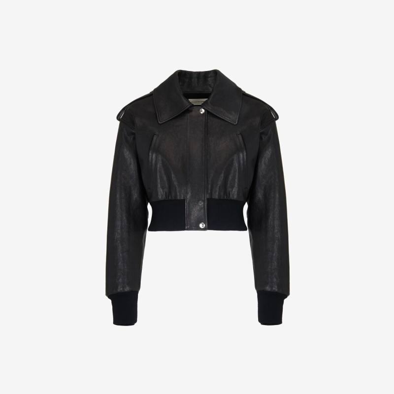 Alexander McQueen Women's Black Cropped Aviator Bomber Jacket - 10 (Lambskin)